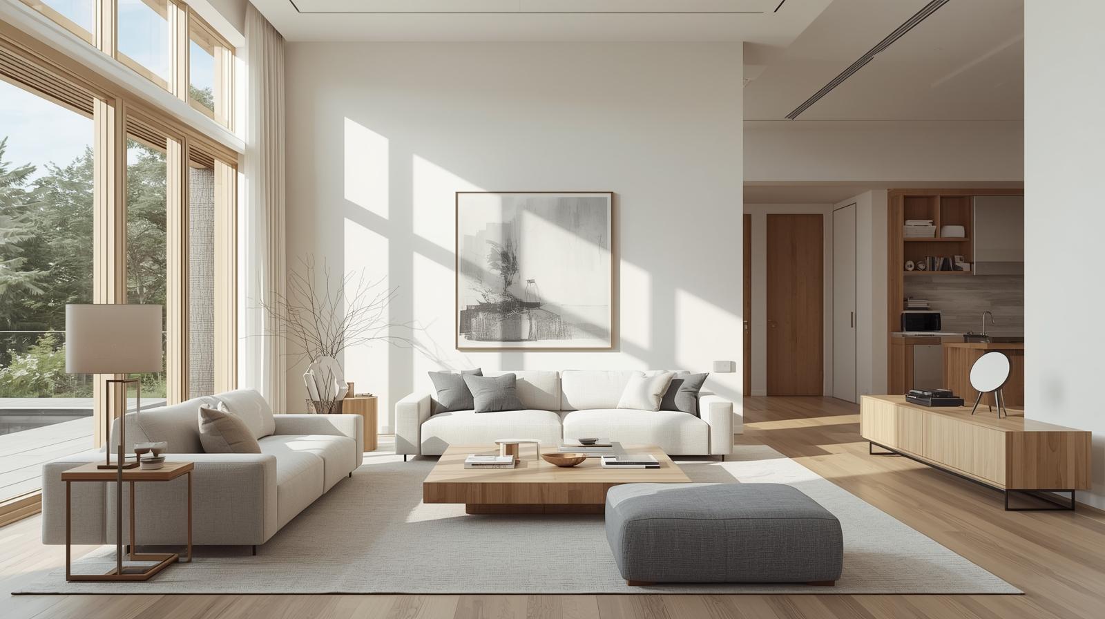 Luxurious living room interior with modern sofa and large window